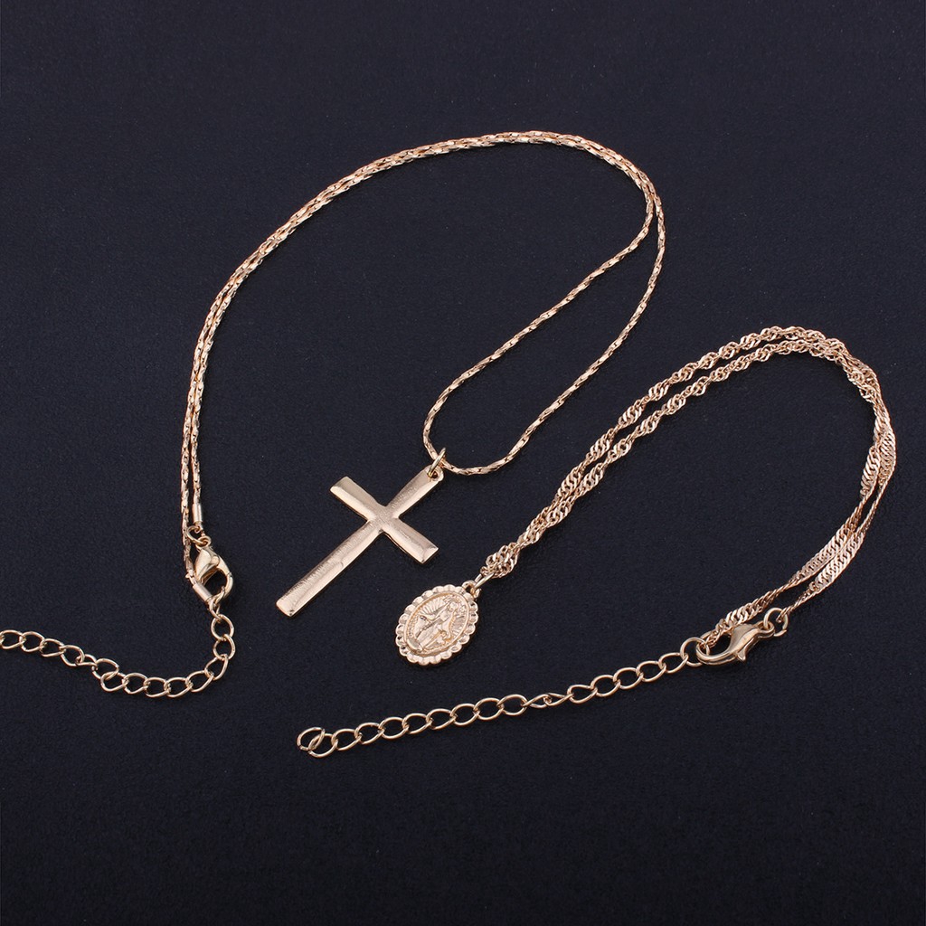 Dây chuyền hợp kim hai lớp mặt hình học và cây thánh giá màu vàng thời trang