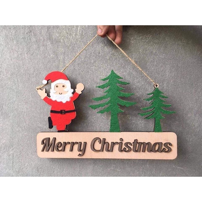 Bảng gỗ merry christmas cây thông và con vật xinh xắn kích thước 25cm tặng móc dán trang trí mùa giáng sinh