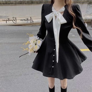 SẴN🎀Váy bánh bèo ulzzang đen tiểu thư nơ trắng cúc ngọc dễ thưong|Đầm dạo phố thời trang phong cách hot Hàn Quốc