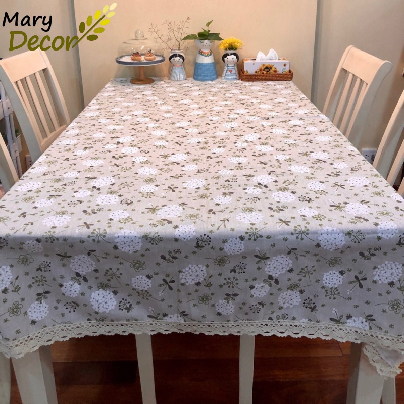 Khăn phủ bàn gỗ Mary Decor Quà tặng vải lanh cotton viền ren chất lượng cao - họa tiết Cẩm tú cầu trắng - KB-