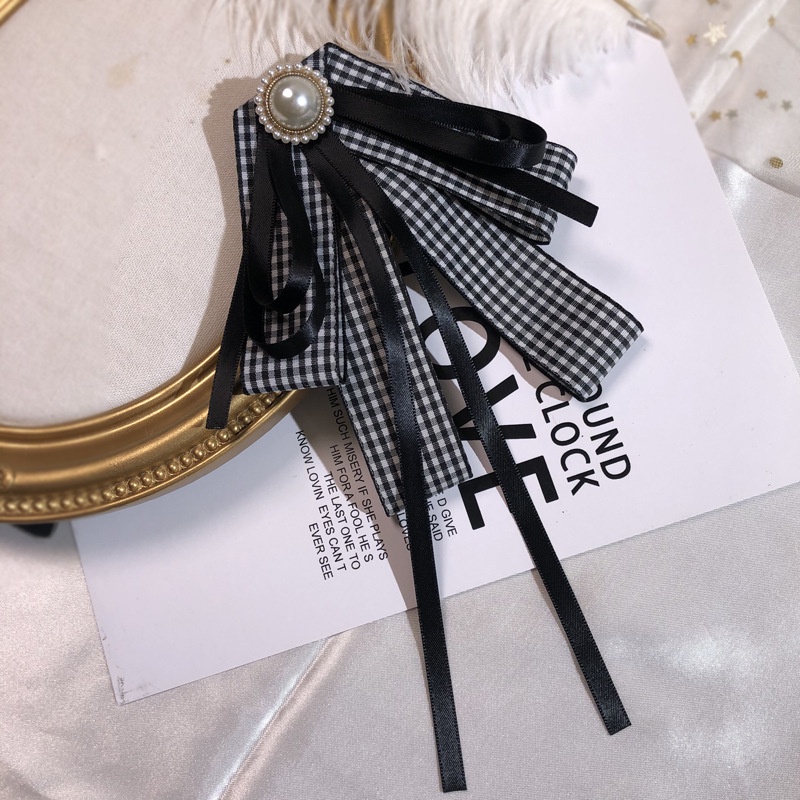 Ghim Cài Áo Hình Nơ Đính Ngọc Trai Giả Màu Đen / Trắng Kiểu Vintage Thời Trang Cho Nữ