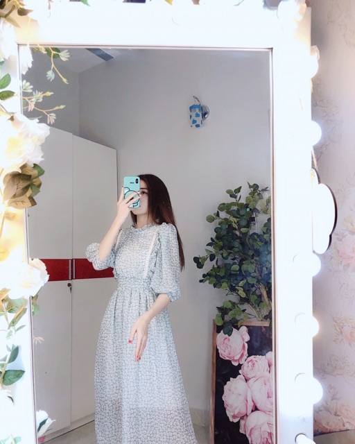 Đầm hoa nhí tay phồng tiểu thư viền ren