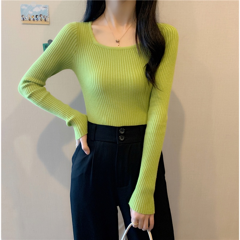 Áo dệt kim ZHELIHANGFEI dài tay cổ vuông ôm dáng linh hoạt cao cấp