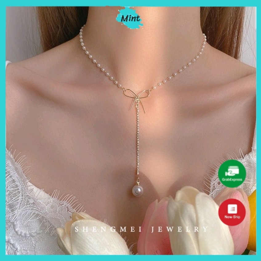 Dây Chuyền Ngọc Trai Giả ❤️FREESHIP❤️ Vòng Cổ Hình Nơ Rủ Đá Thanh Lịch Phong Cách Hàn Quốc