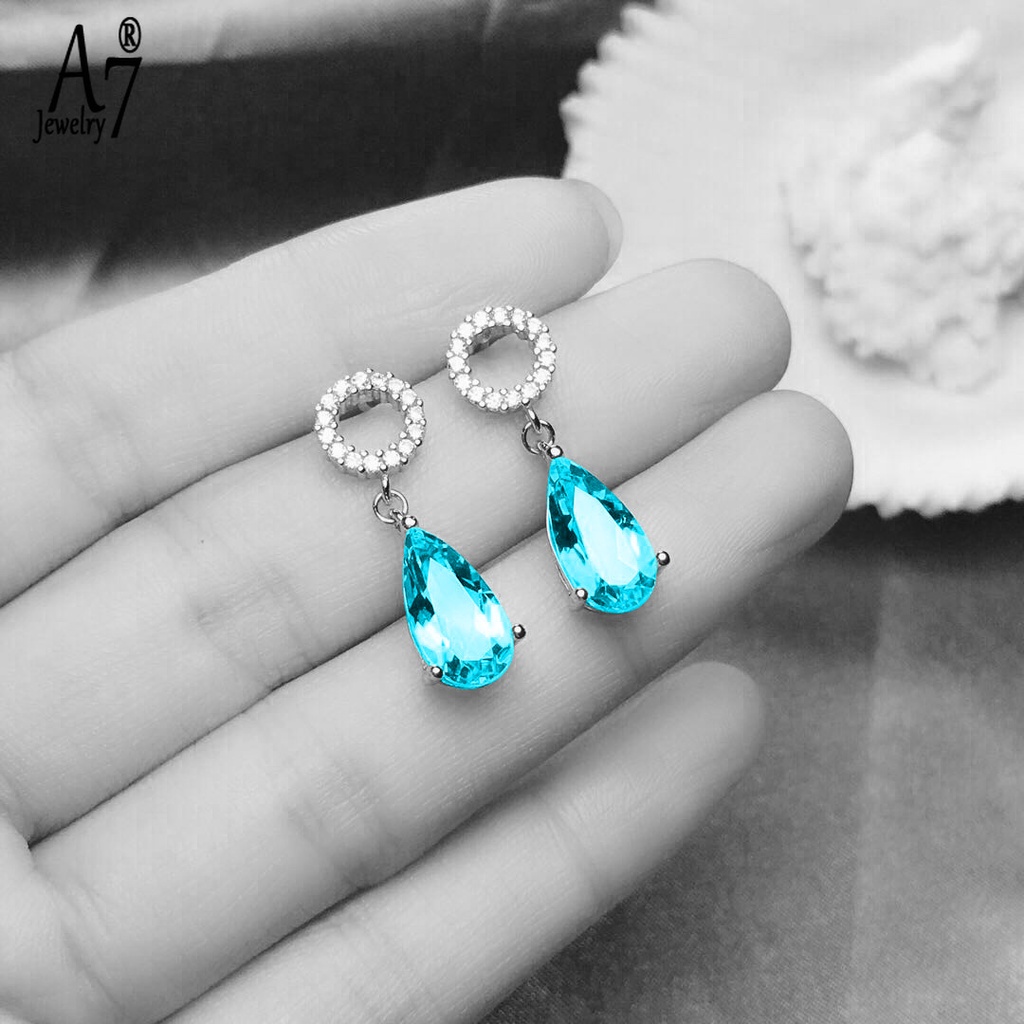 Bông tai mạ bạc 925 đính đá Topaz xanh dương phong cách