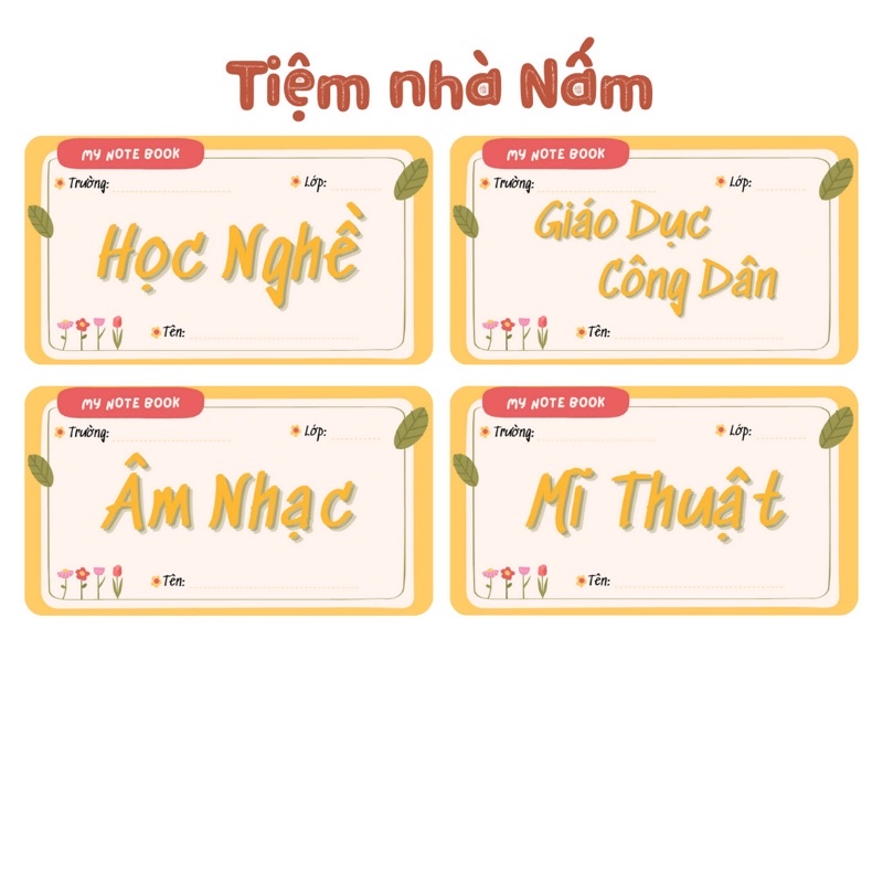 Combo Nhãn Vở Thiết Kế Theo Tên Môn Học, Nhãn Vàng Lá Xanh