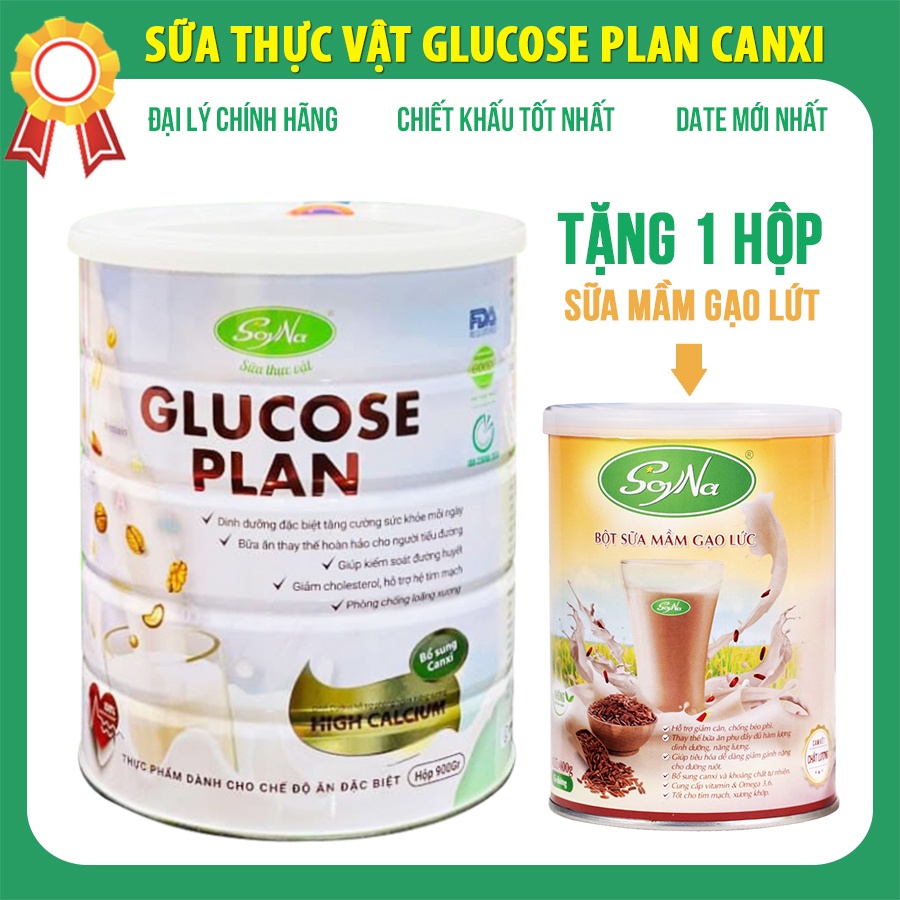 Sữa thực vật Glucose Plan Canxi Soyna 900g dành cho người tiểu đường chính hãng tặng kèm 1 hộp Sữa Mầm Gạo Lứt