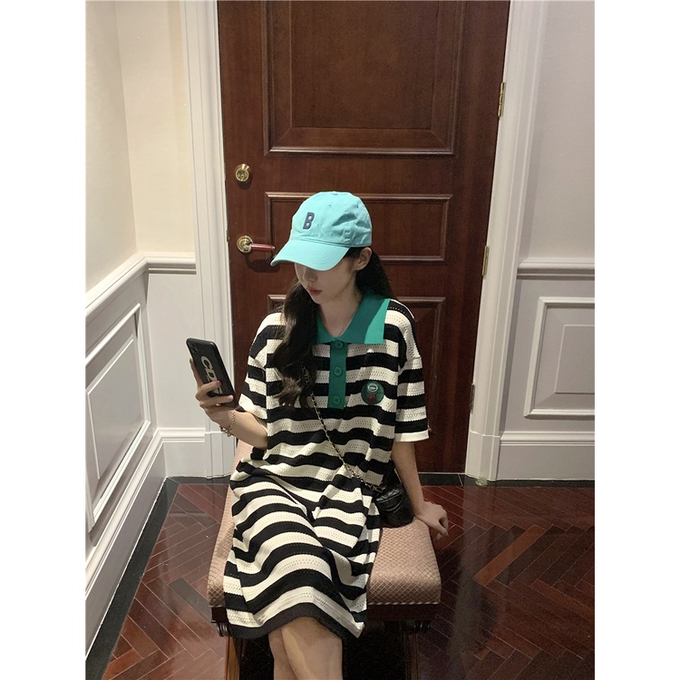 Xiaozhainv Đầm Midi Tay Ngắn Cổ Polo Dáng Rộng Họa Tiết Sọc Xanh Lá Thời Trang Mùa Hè Cho Nữ