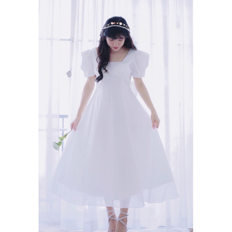 - Đầm Thiết Kế Cao Cấp Max Trắng Cổ Vuông Nơ Lưng Tay Bồng Cô Dâu HANNA HOUSE 1360