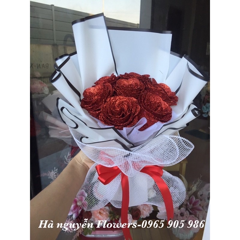 [quà sinh nhật-quà 14/2] Combo Bó hoa hồng nhũ 7 bông tặng kèm Túi + Thiệp như hình