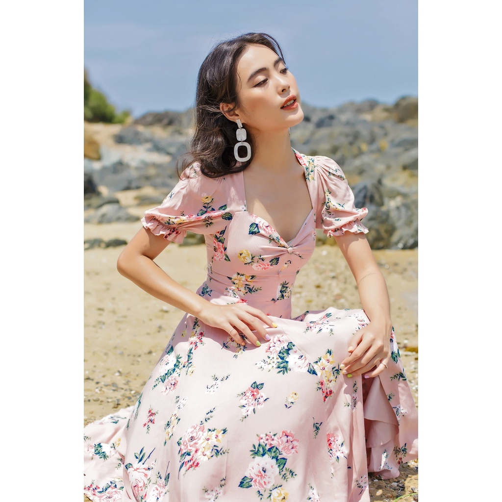 [Mã SKAMSALEP6 giảm 10% tối đa 100K đơn 150K] SÒ VINTAGE - GONNA Đầm hoa nhún ngực tay phồng xẻ tà