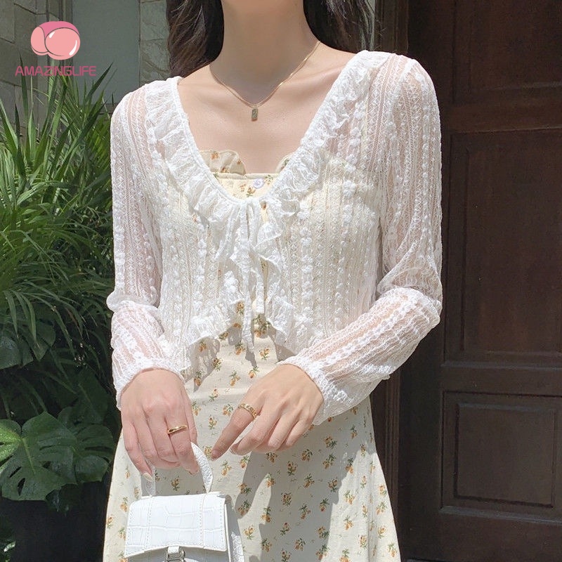 Áo Khoác Cardigan Dài Tay Cổ Chữ V Phối Ren Thời Trang Mùa Hè Hàn Quốc Cho Nữ