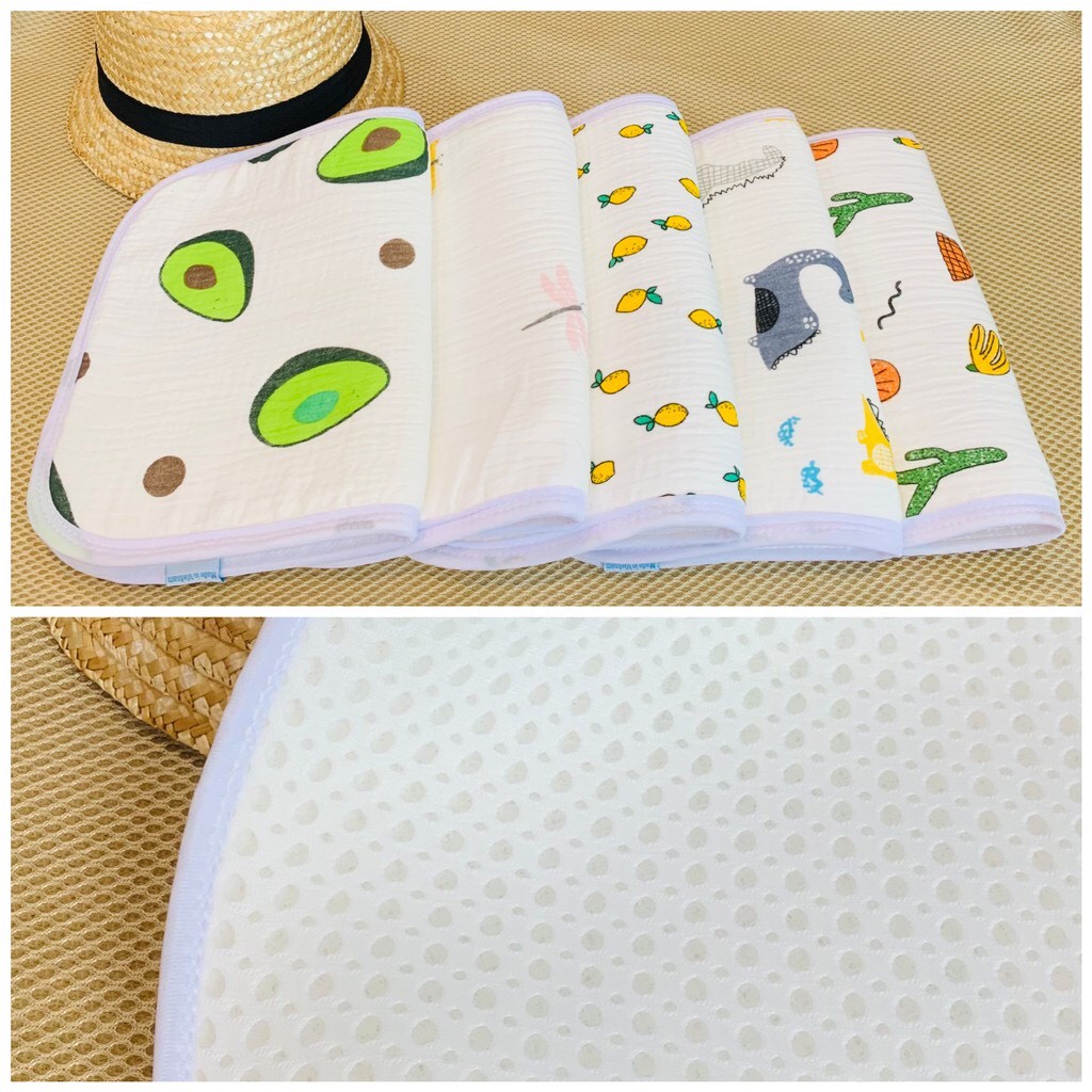 Gối lót đầu cho bé, tấm lót đầu cho bé chất vải Muslin sợi tre và cao su non thông hơi chống đổ mồ hôi đầu cho bé