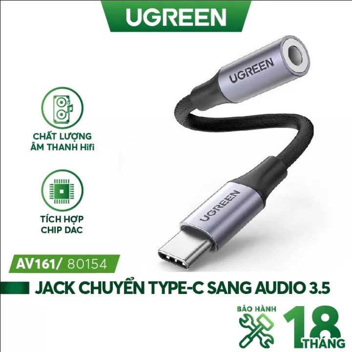 Ugreen 80154 10cm màu xám bộ chuyển USB type C ra 3.5mm Headphone audio hỗ trợ điện thoại Samsung mới AV161