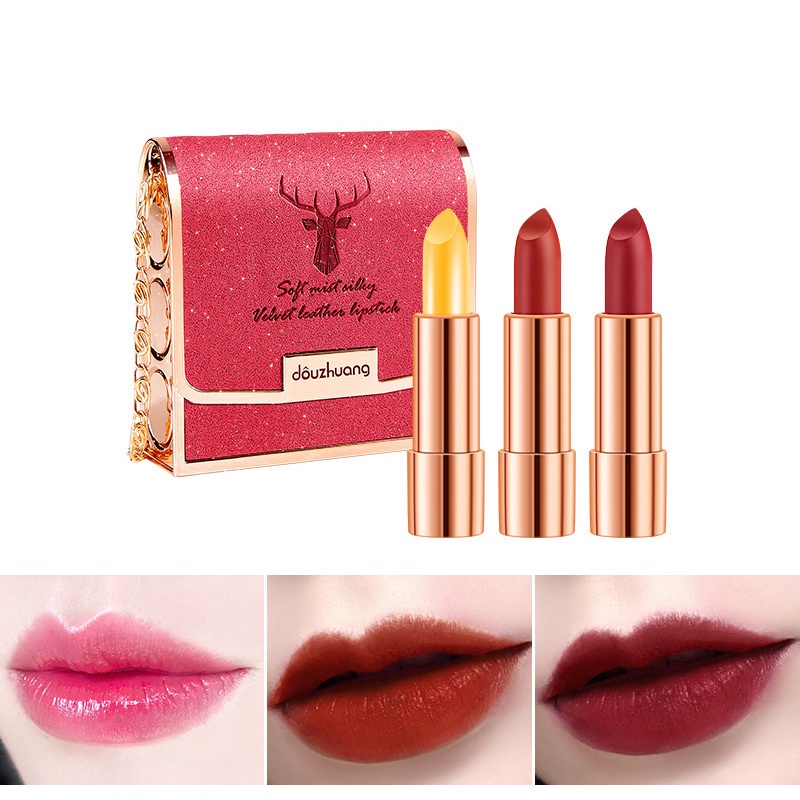 Set Son Môi Nhung Lì Dưỡng Ẩm Không Dễ Phai Màu Hộp Đựng Dạng Túi Xách Đính Kim Cương Nhỏ