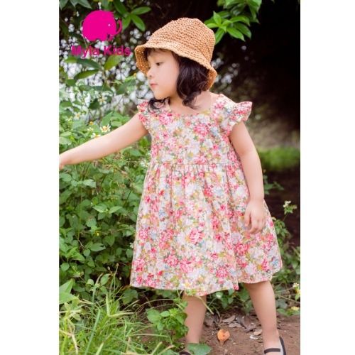 Đầm bé gái họa tiết hoa nhí màu hồng tay cánh tiên Myla Kids váy babydoll cho bé 1-2-3-4-5-6-7-8-9-10 tuổi