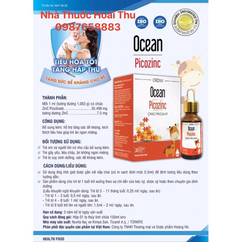 [Kèm Quà ] Ocean PicoZinC -Bổ sung Kẽm,tăng đề kháng,hỗ trợ tiêu chảy (Chính hãng Thổ Nhĩ Kỳ)