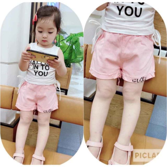 QUẦN SOOC KAKI GUXI BÉ GÁI GẤU RÁCH PHỐI CHỮ(6-14KG) (SP001086 )