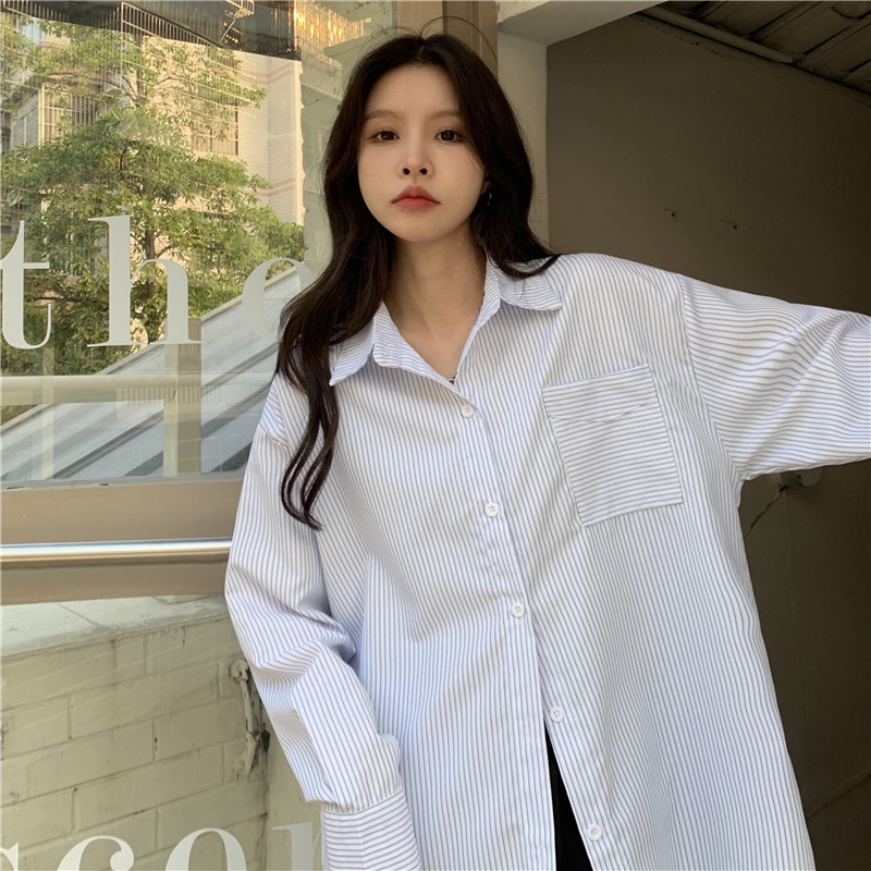 【ZHELIHANGFEI】Áo Sơ Mi Tay Dài Họa Tiết Sọc Theo Phong Cách Preppy Dễ Phối Đồ