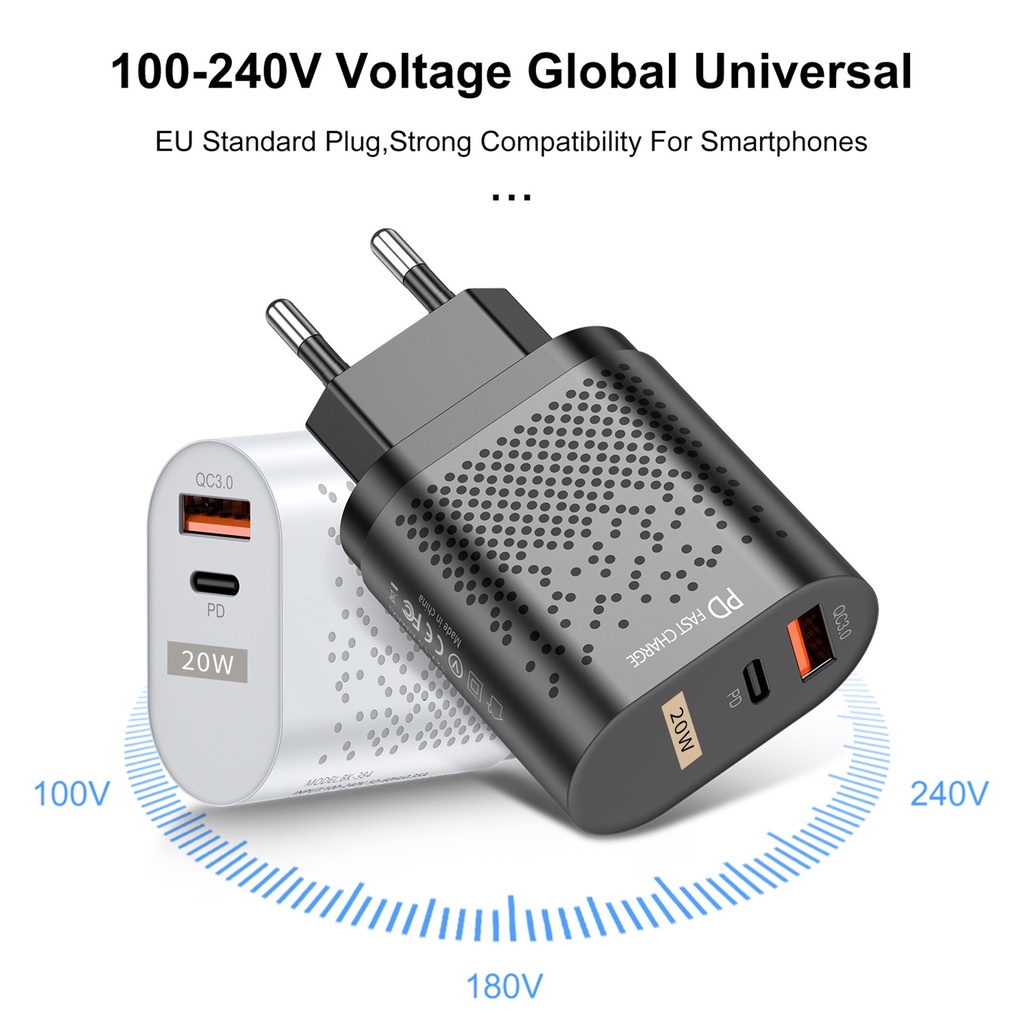 Bộ sạc nhanh USB-A Type-C QC3.0 20W PD cho iPhone Android