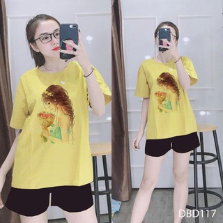 [Mẫu Siêu Đẹp] Đồ Bộ Đùi Cao Cấp Quần Đùi Trơn Áo In Hình Cô Gái Siêu Đẹp-DBD117