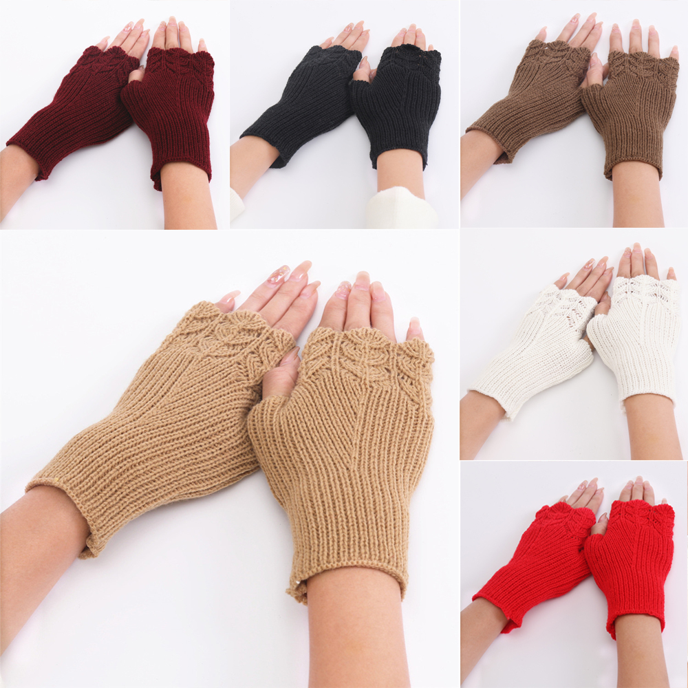 Găng tay len dệt kim hở ngón giữ ấm tiện dụng cho nữ