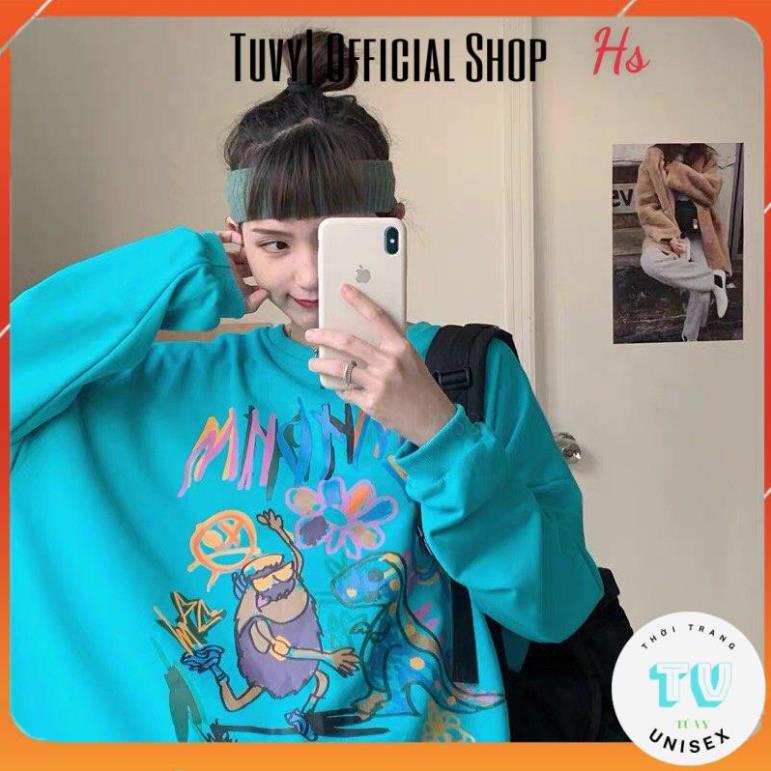 Áo nỉ nam nữ unisex TUVYSHOP Áo Sweater in khủng long Bom trần bông dày ấm 2 màu vàng xanh