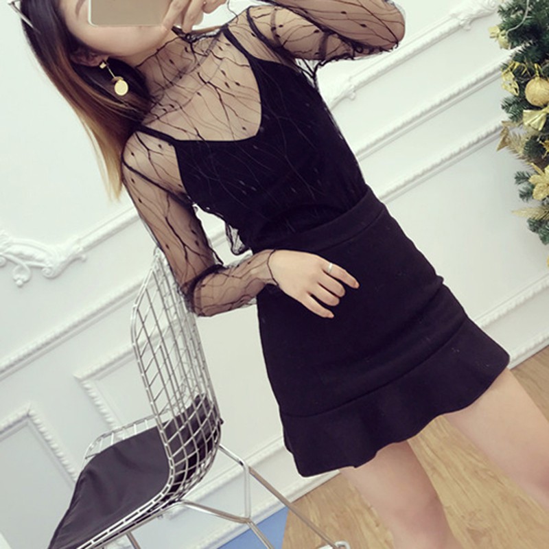 Women Mesh T-shirts Long Sleeve Tops Hot Sexy High Neck Black Lace Bottoming Shirts Punk Chic T Shirt Women | BigBuy360 - bigbuy360.vn