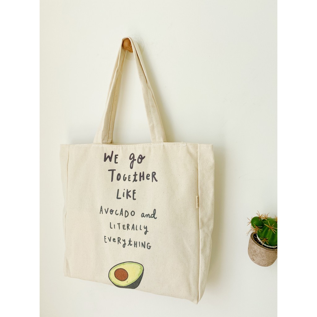 Túi Tote Túi Vải Canvas Học Sinh phối màu Form To Phong Cách Hàn Quốc In Hình Bơ Chữ