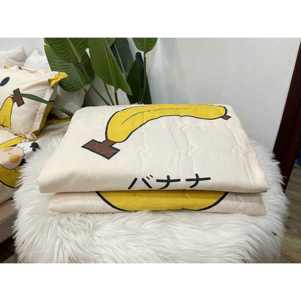 Set ga gối chăn hè chần bông 5 món Cotton EMMIBedding, mẫu bò chuối mền cotton họa tiết đáng yêu