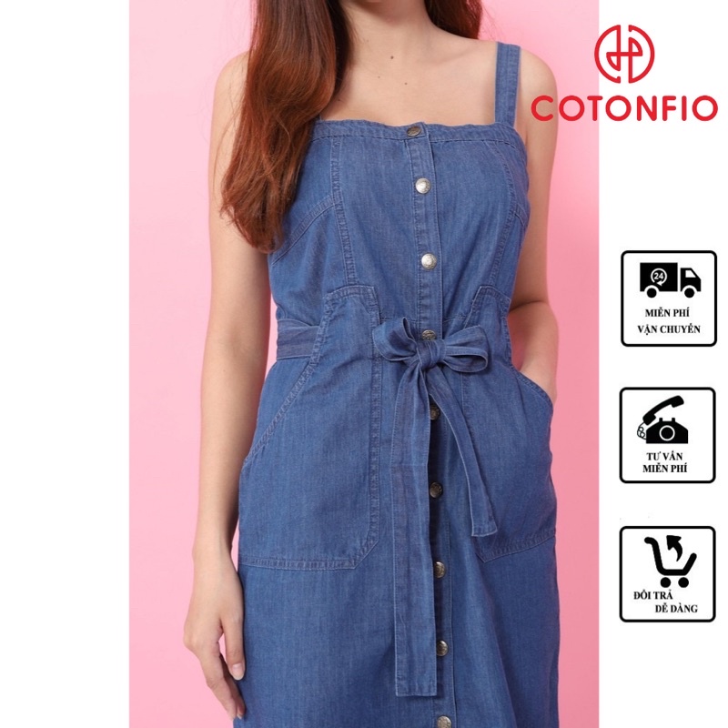 Đầm hai dây suông dài thắt nơ ngang eo vải jeans cao cấp 8058 màu xanh – Cotonfio