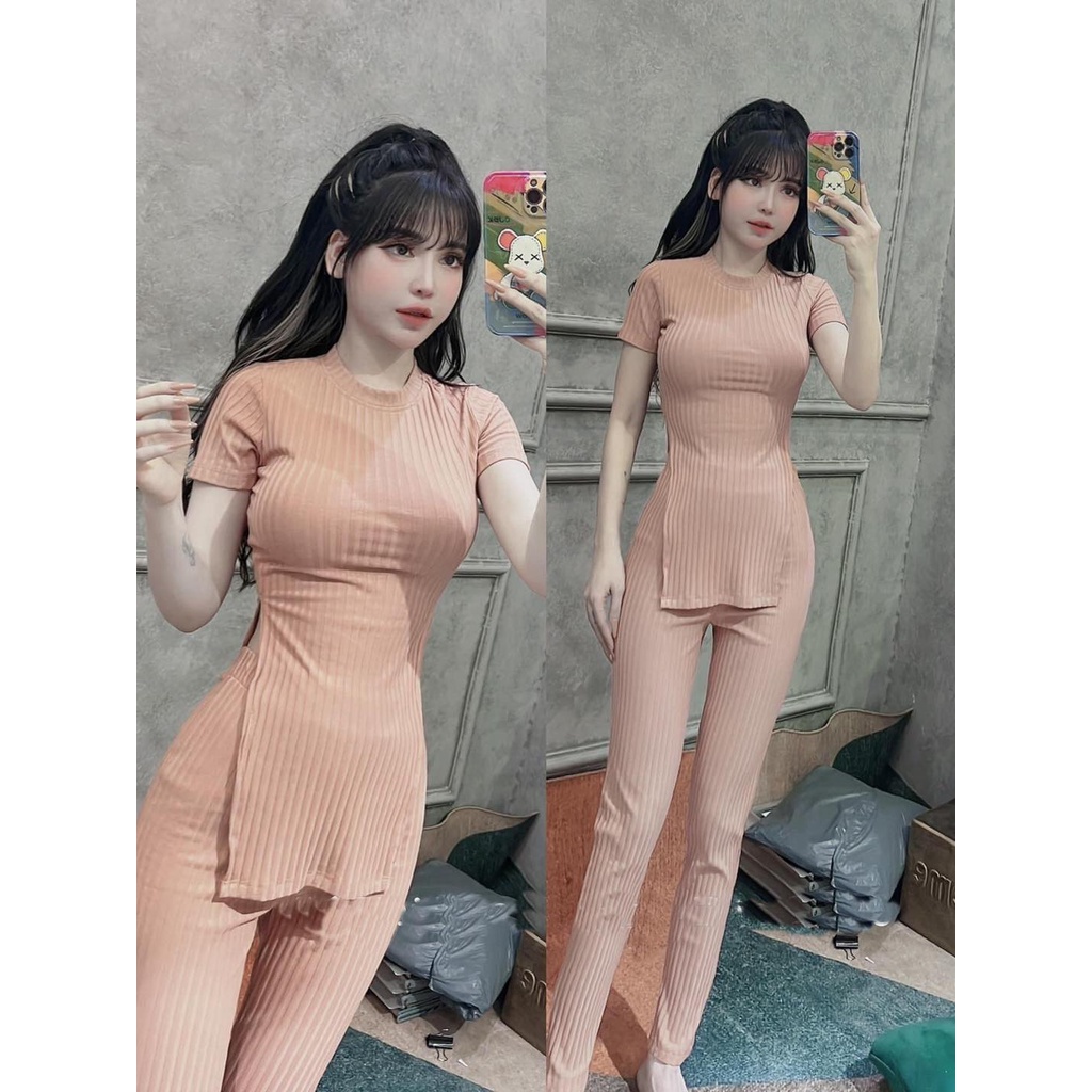 Set đồ bộ thun gân, áo thun cổ tron xẻ tà khoe eo mix quần dài ôm 45-70kg