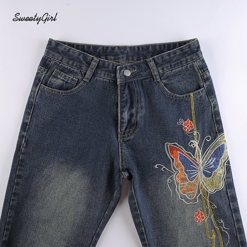 Quần Jeans Ống Rộng Lưng Cao Thêu Hình Bướm Mẫu Mới 2022 Cho Nữ