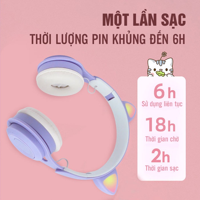 Tai Nghe Tai Mèo Có Mic Học Online Cho Bé - Tai Nghe Không Dây Tai Thỏ Dễ Thương Có Đèn Led Âm Thanh Sống Động