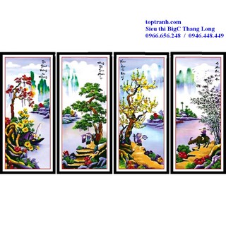 Tranh thêu tứ quý tùng trúc cúc mai, tiểu ngư canh mục MN0135(146x100 cm chưa thêu)