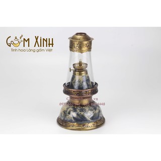 Đèn dầu sứ Bát Tràng bọc đồng_Đèn bát úp men rạn giả cổ Bát Tràng