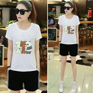 Sét Bộ Đồ Quần Áo Đùi Nữ Đón Hè Mặc Ở Nhà, Áo Cotton In 3D Hoạt Hình Cartoon Ba Gấu Uống Trà Sữa Kèm Quần Đùi Ba Sọc