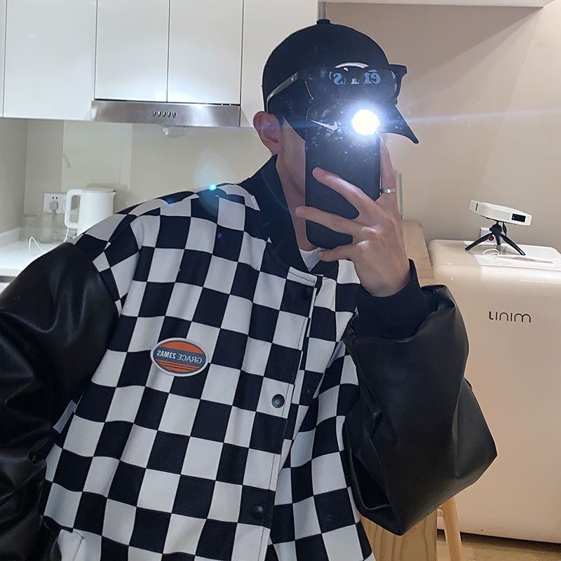 Áo khoác bomber làm từ da họa tiết ca rô thời trang cá tính trẻ trung cho nam và nữ