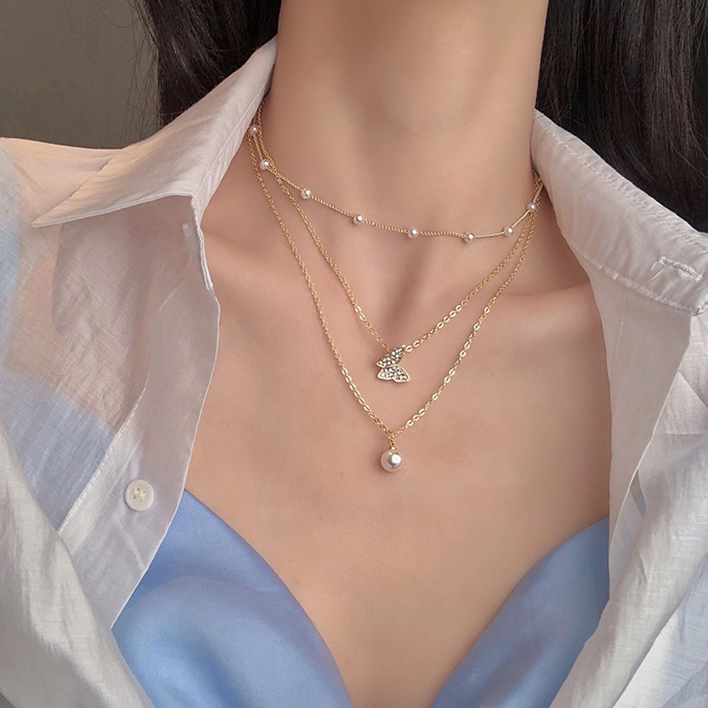 [sweet]  woman fashion retro three-layer chain butterfly pearl pendant necklace ins temperament detachable clavicle chain