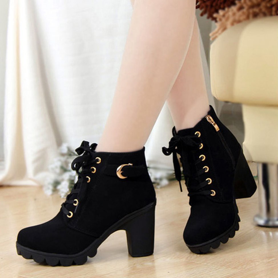 Fashion Women High Heel Lace Up Side Zipper Buckle Ankle Boots Suede Shoes