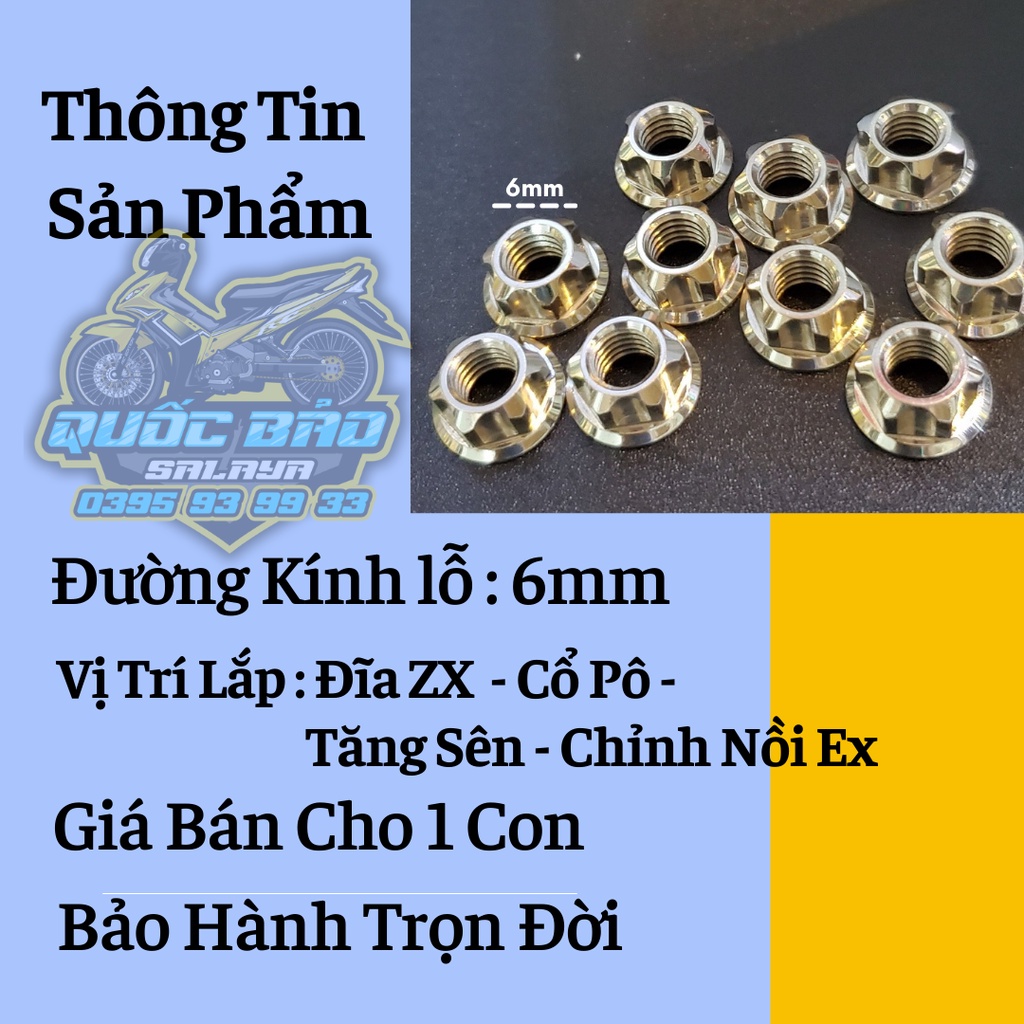 Tán hở TBT 6mm inox 304 lắp tăng sên, cổ pô, đĩa zx và nhiều vị trí trên xe