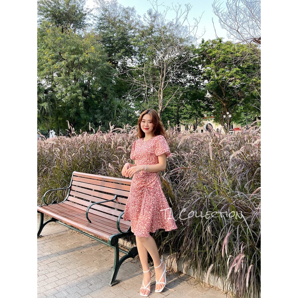 Váy thiết kế AURORA hoa nhí 2 lớp nhún eo cổ tròn bóp eo hack dáng tôn da chất liệu tơ dệt thoáng mát