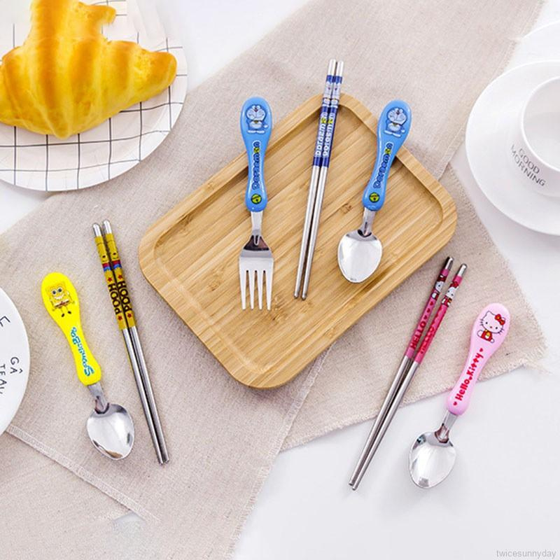 Bộ đũa muỗng nĩa bằng thép không gỉ họa tiết hoạt hình dễ thương cho bé