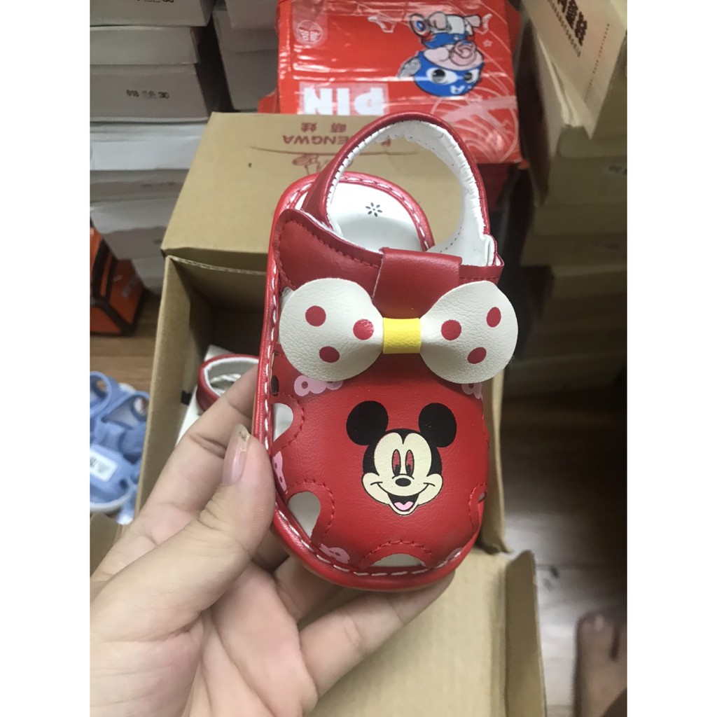 (Hàng mới về)Dép rọ sandal tập đi Chuột Micky nơ xinh xắn đế mềm chống trơn chống vấp cho bé gái 0-2 tuổi