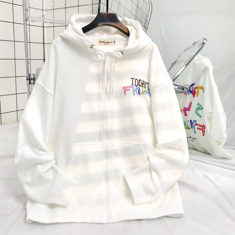 Áo Khoác Hoodie Nỉ Bông Unisex TODAY màu ĐEN/TRẮNG  Nam nữ unisex/Áo hoodie zip dây kéo có mũ form rộng Jaystoree