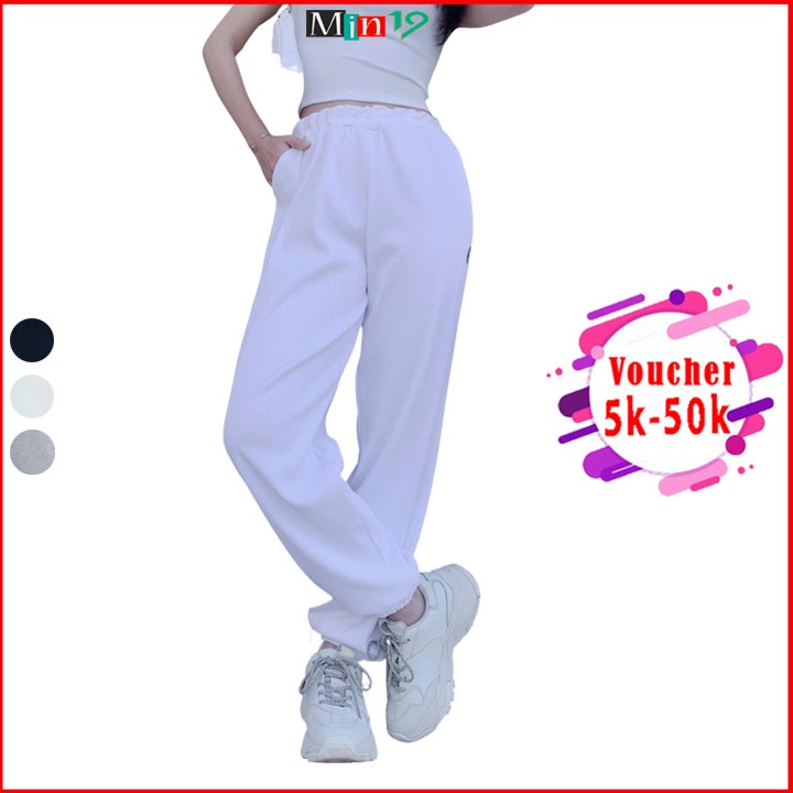 Quần ống rộng nữ MIN19 quần jogger bigsize lưng cao ống rộng cạp chun bo gấu màu trắng đen ghi thời trang Hàn Quốc