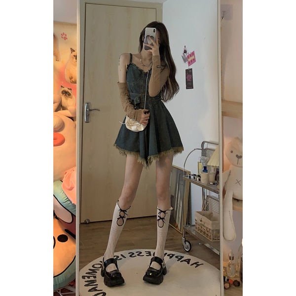 New Style Short Blouse+Sling Dress Irregular Denim Matched With Outer Shawl Sweet Cool Hot Girl Suit Women