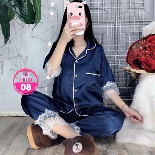 Đồ bộ pijama phi lụa viền ren tay lỡ size dưới 60kg