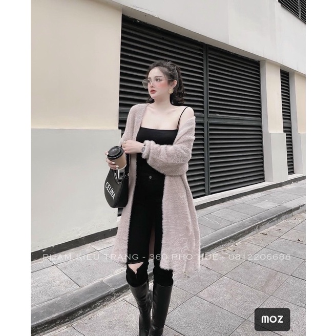 Áo cadigan len lông thỏ dáng dài