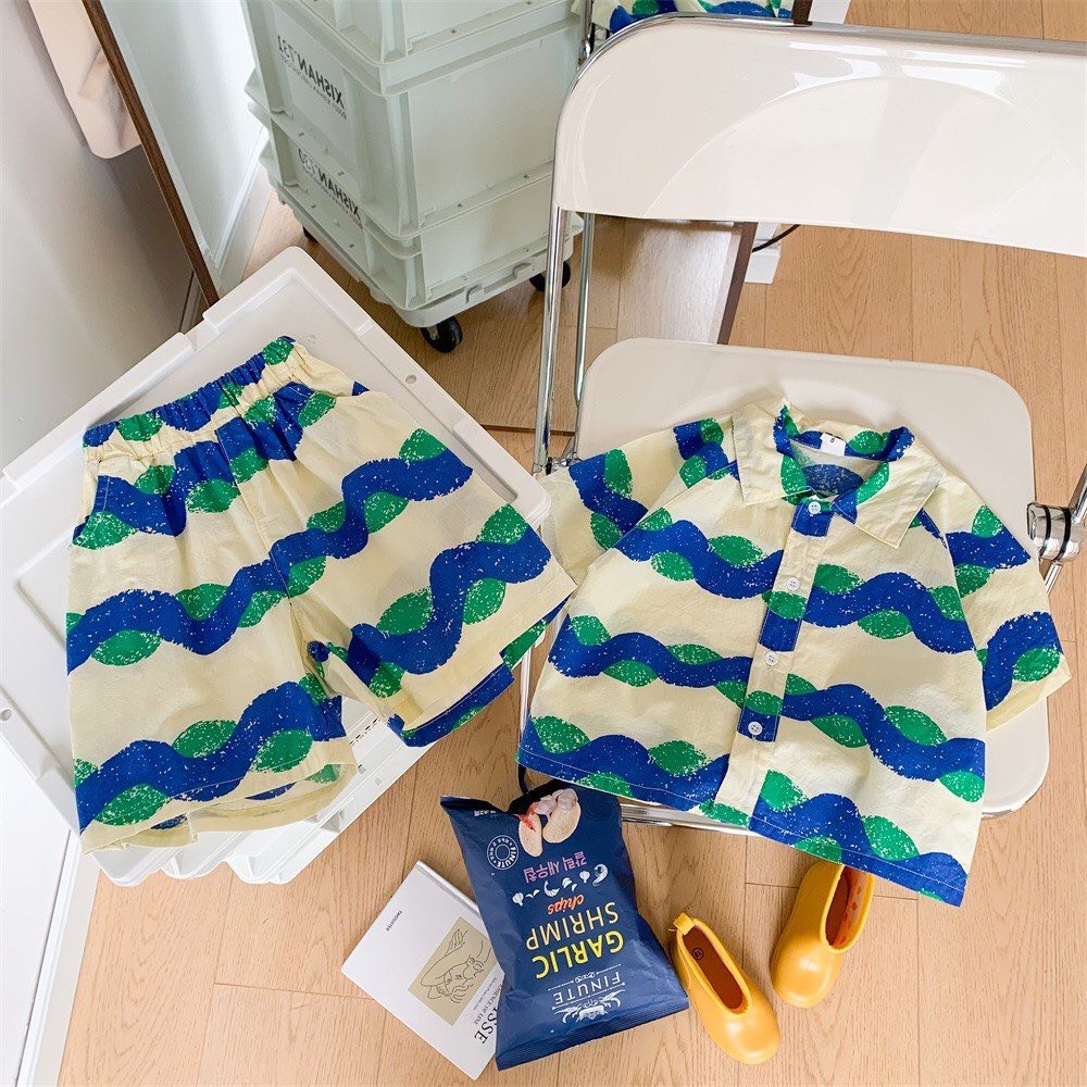 Bộ Sơ Mi Đũi Lượn Sóng - Sơ Mi Đi Biển Cho Bé Trai Và Bé Gái Từ 8-30Kg Ken Store